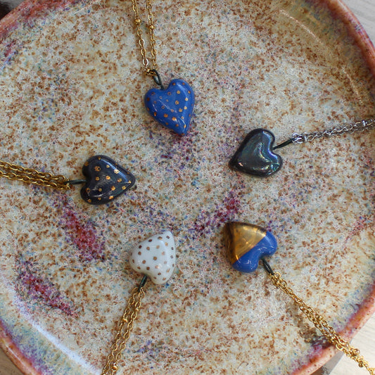 Black Heart Pendant in Porcelain "Gold Dots"
