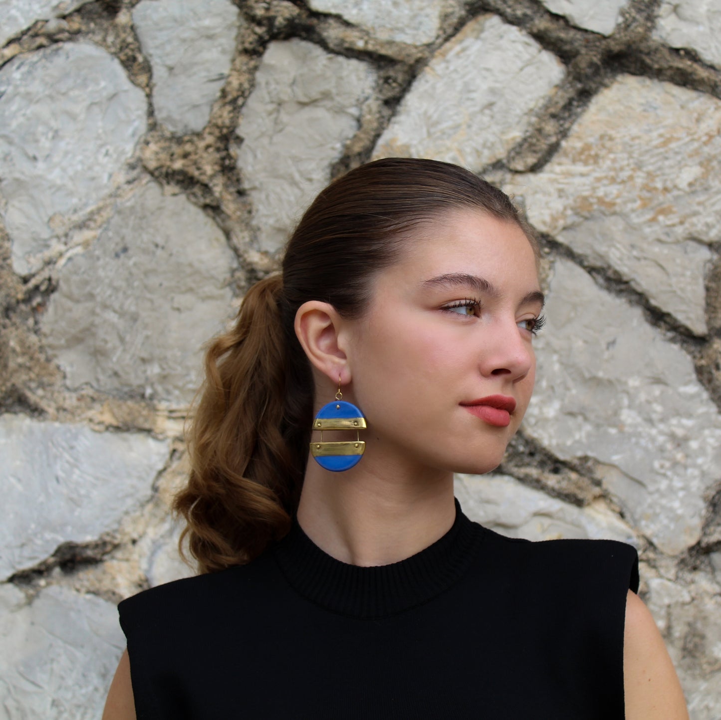 Handmade Drop Dangle Porcelain Earrings in Blue and Gold