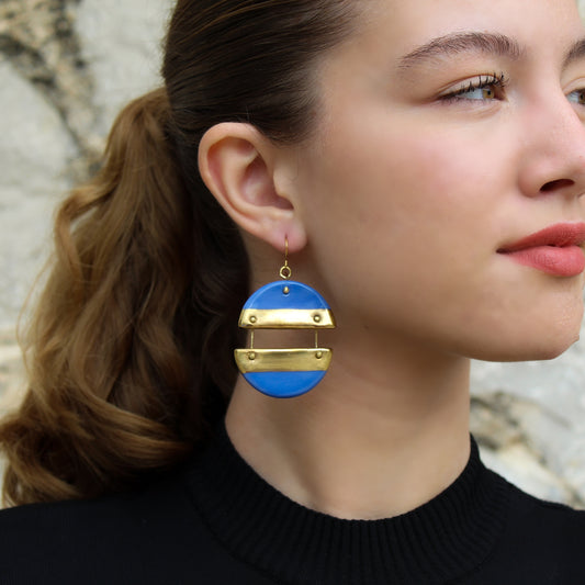 Handmade Drop Dangle Porcelain Earrings in Blue and Gold