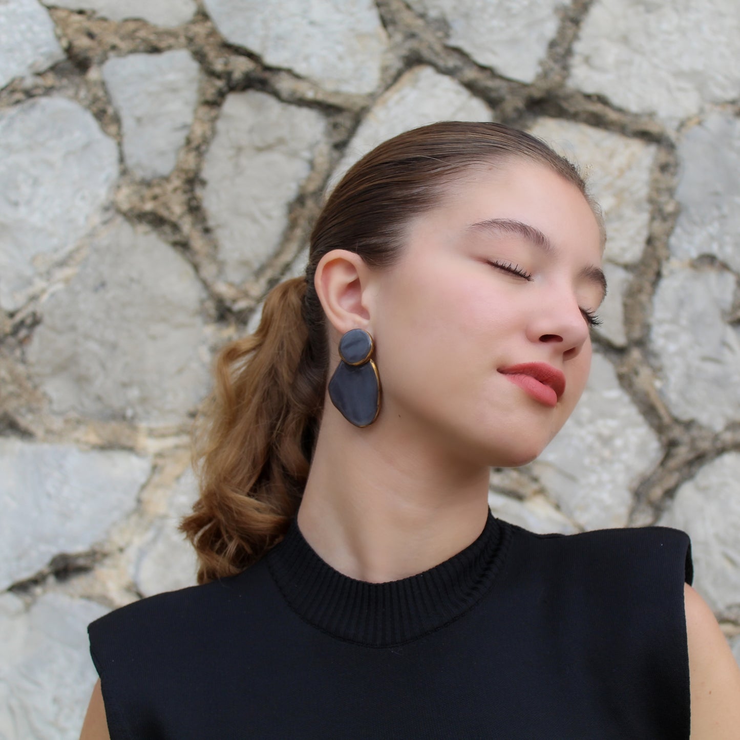 Handmade Statement Stud Earrings from Black Porcelain and Gold Luster.