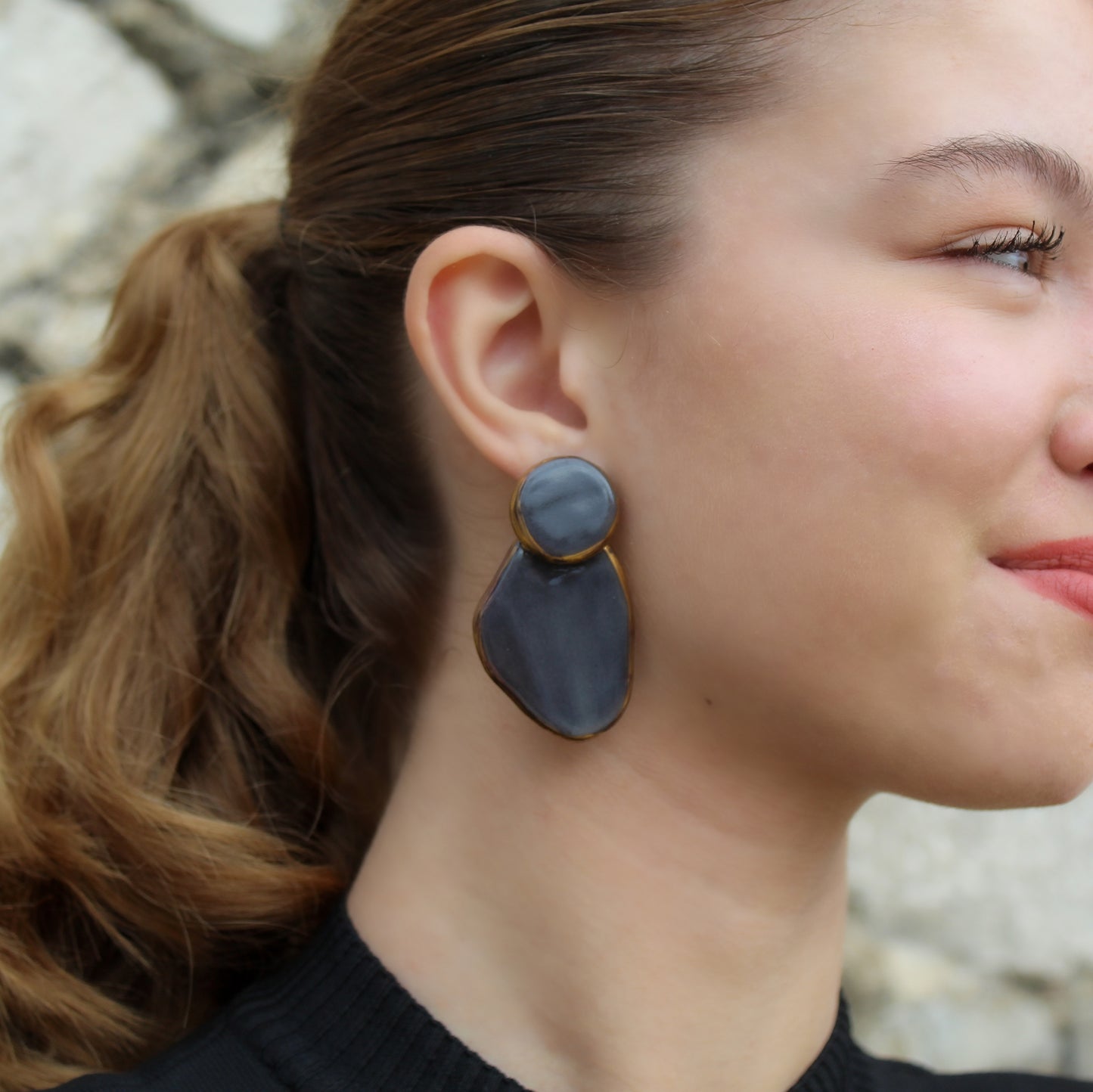 Handmade Statement Stud Earrings from Black Porcelain and Gold Luster.