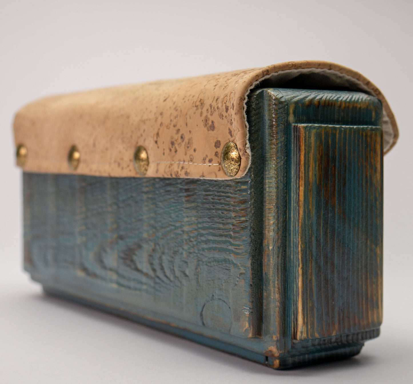 Wooden handmade purse in blue tone with natural cork leather.