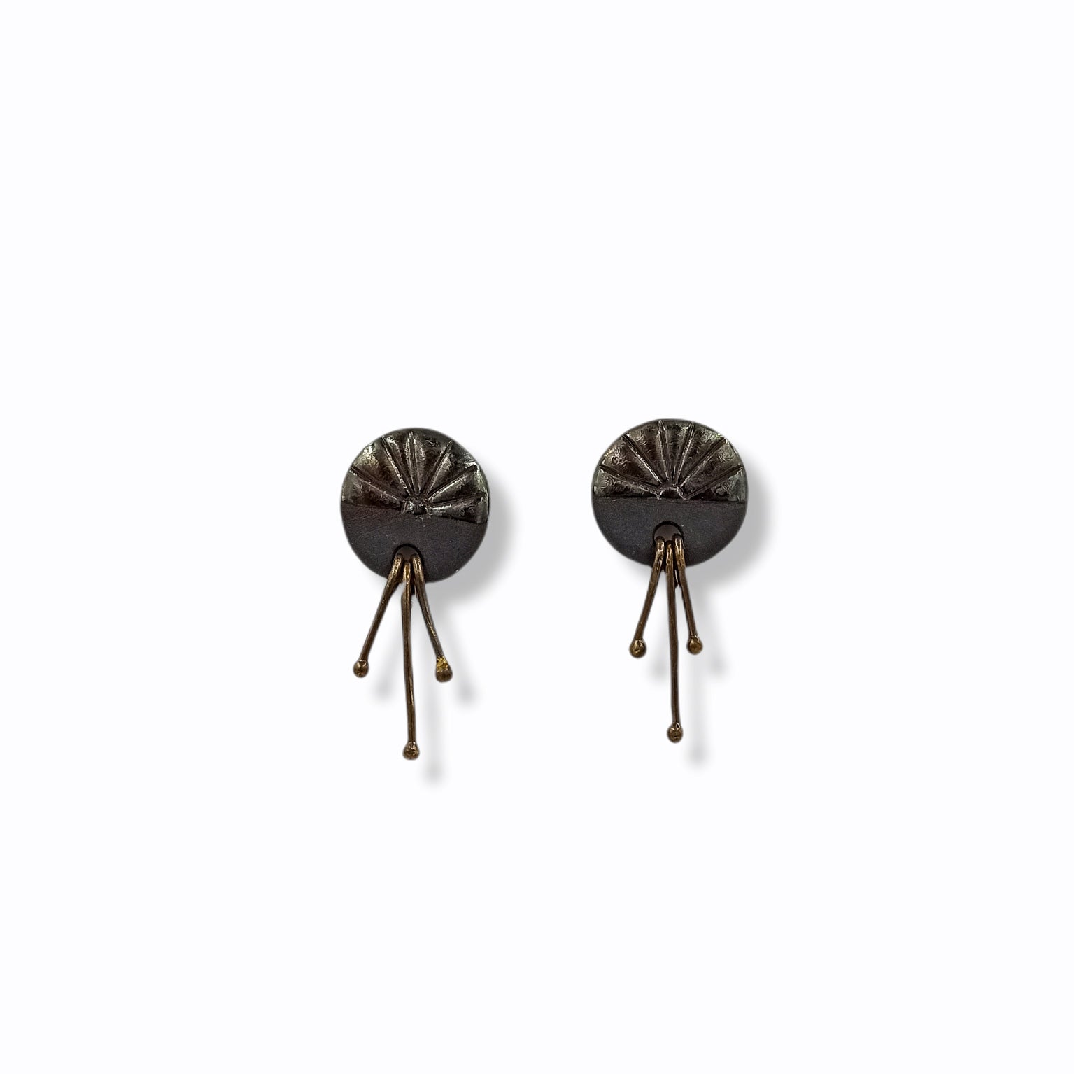 Handmade stud earrings from black porcelain with brass wires that hangs