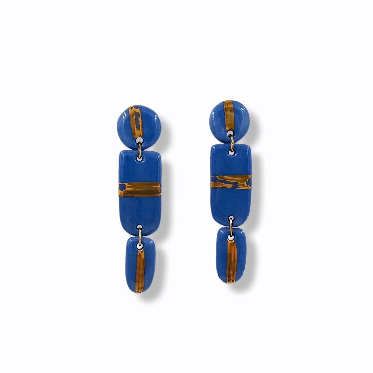 Handmade Long Dangle Earrings in Blue Porcelain "Golden Line"