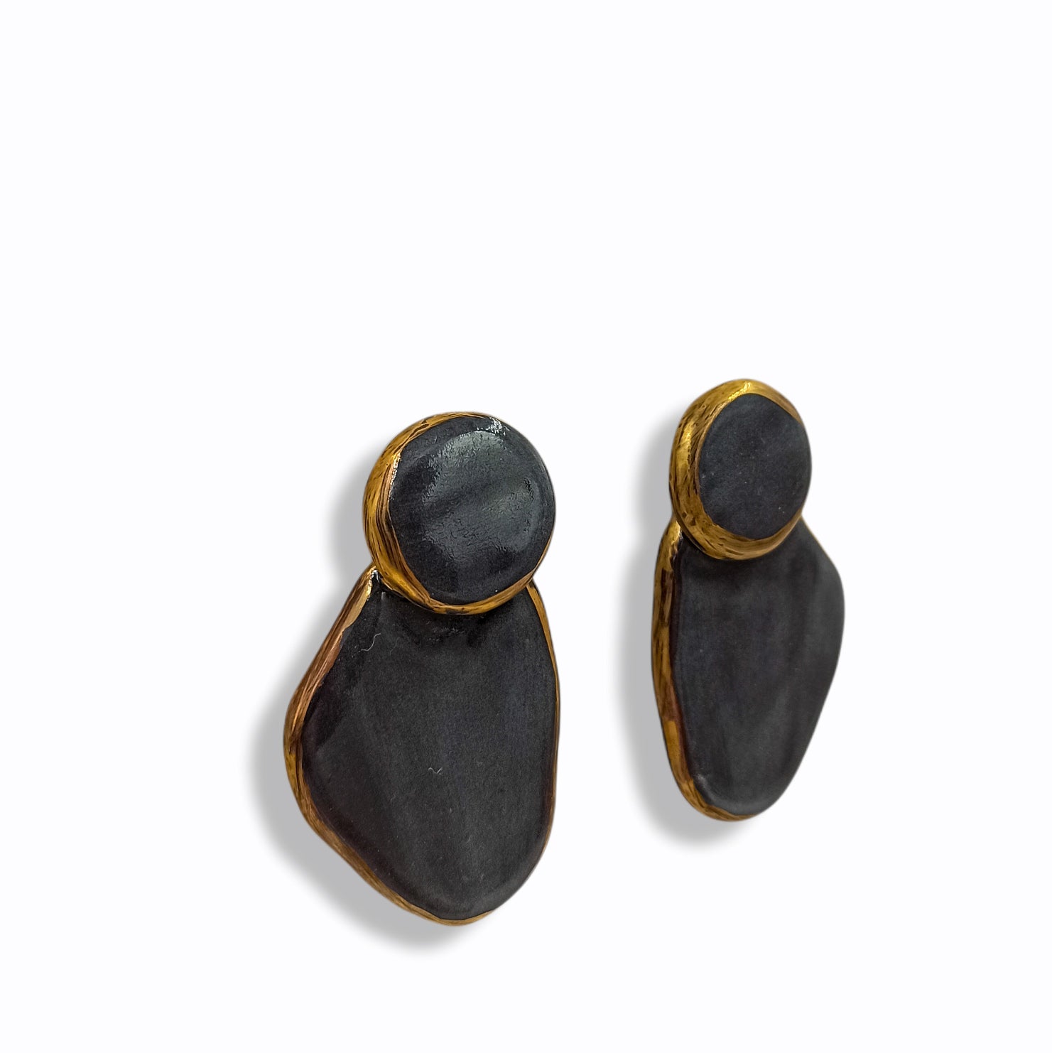 Handmade Statement Stud Earrings from Black Porcelain and Gold Luster.