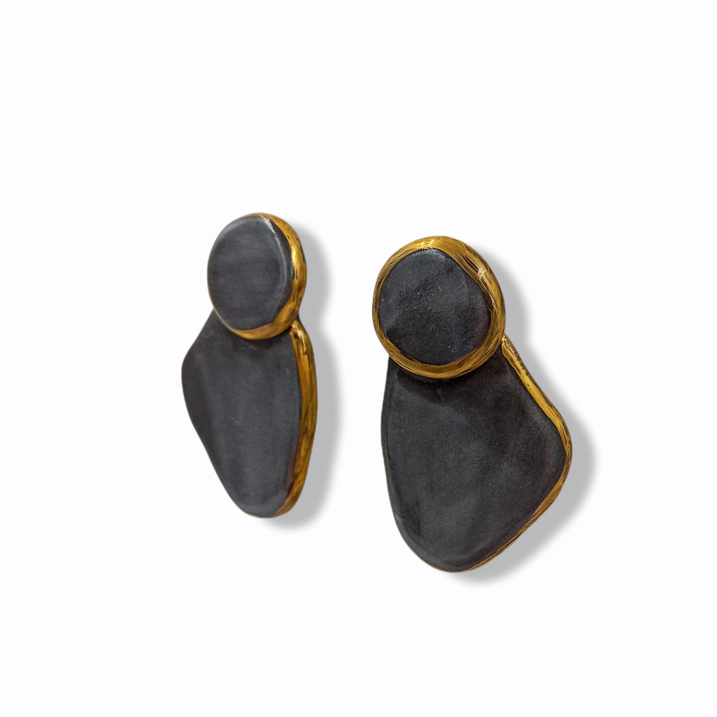 Handmade Statement Stud Earrings from Black Porcelain and Gold Luster.