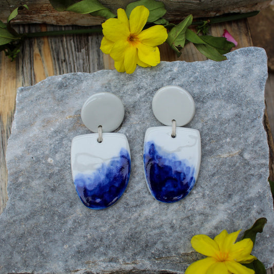 Drop porcelain earrings from white porcelain. Hand painted with blue oxide. 
