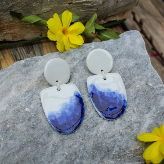 Drop porcelain earrings from white porcelain. Hand painted with blue oxide.