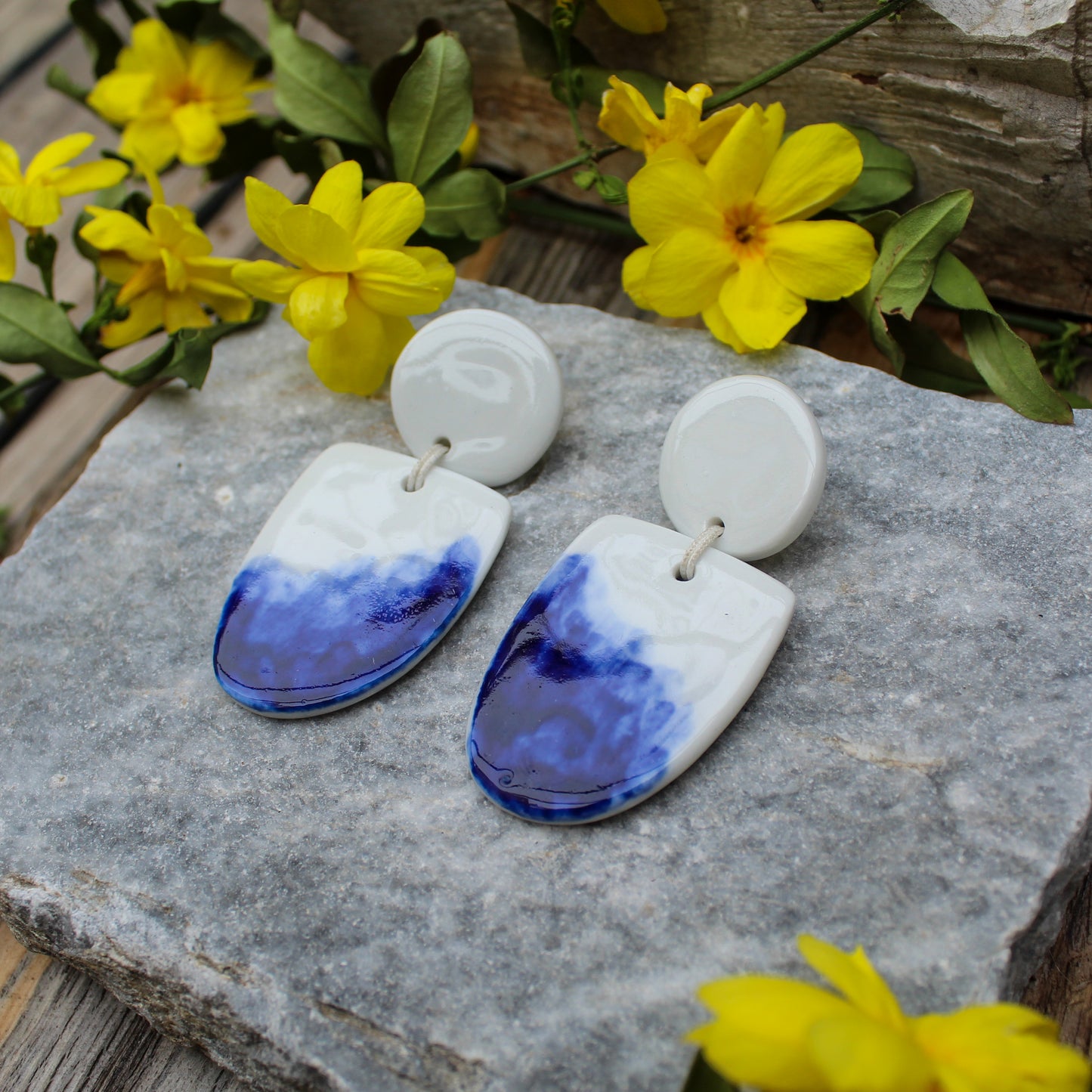 Drop porcelain earrings from white porcelain. Hand painted with blue oxide.