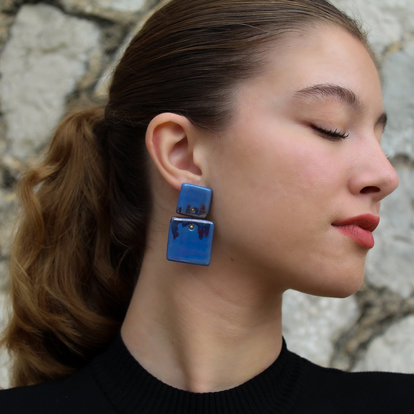Handmade Stud Square Earrings in Blue Porcelain "Abstract gold"