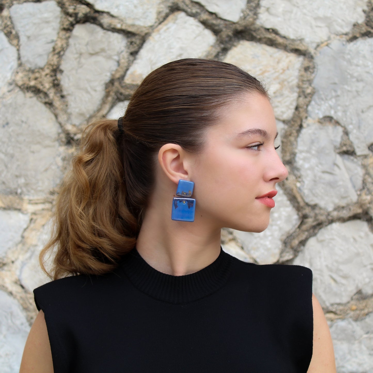 Handmade Stud Square Earrings in Blue Porcelain "Abstract gold"