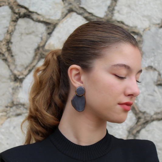 Handmade Statement Stud Earrings from Black Porcelain and Gold Luster.