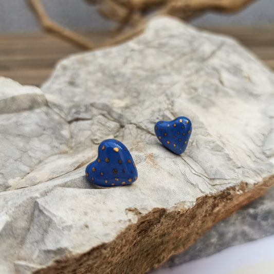 Blue Porcelain Heart Stud Earrings