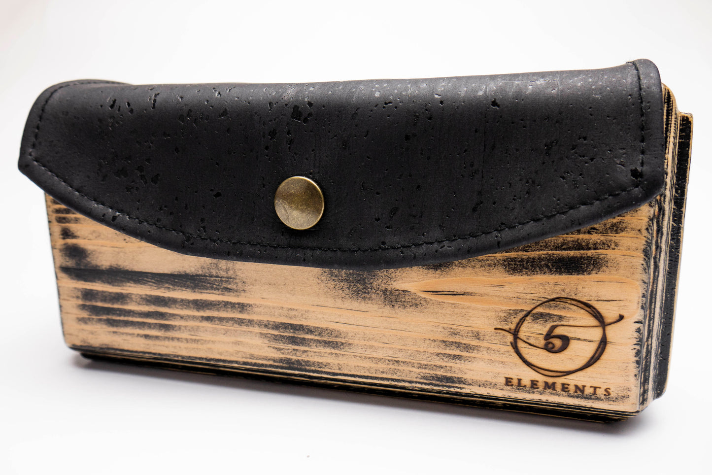 Wooden handmade clutch bag with black cork leather.