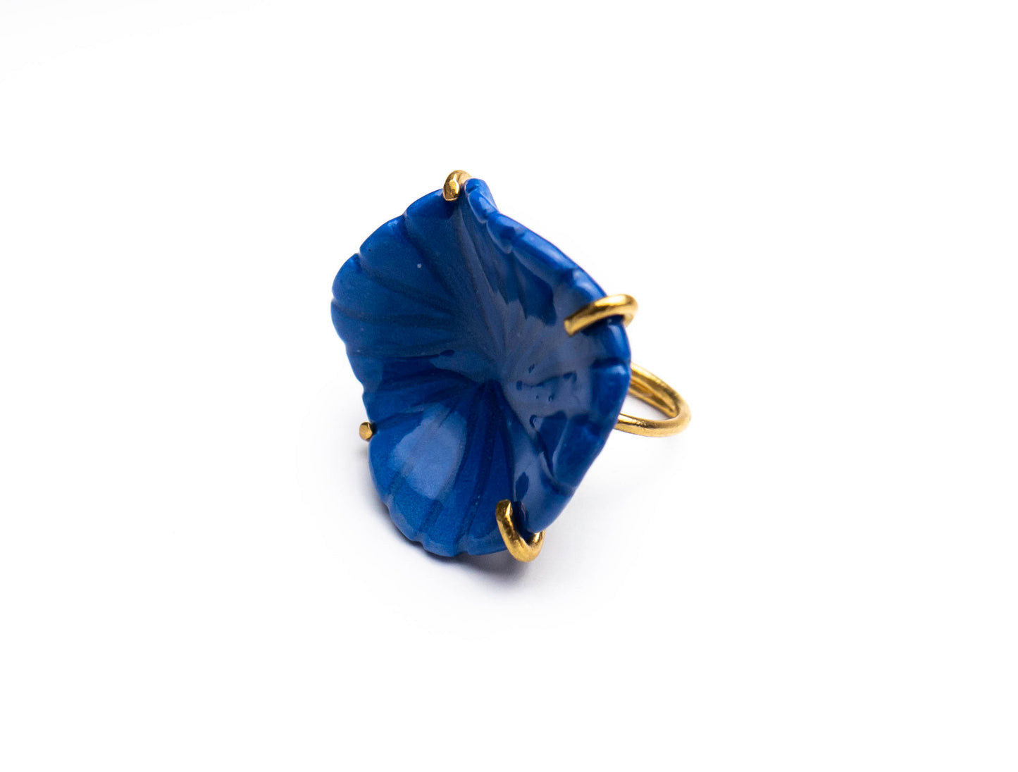 Blue Porcelain Flower Ring. Gold Plated.