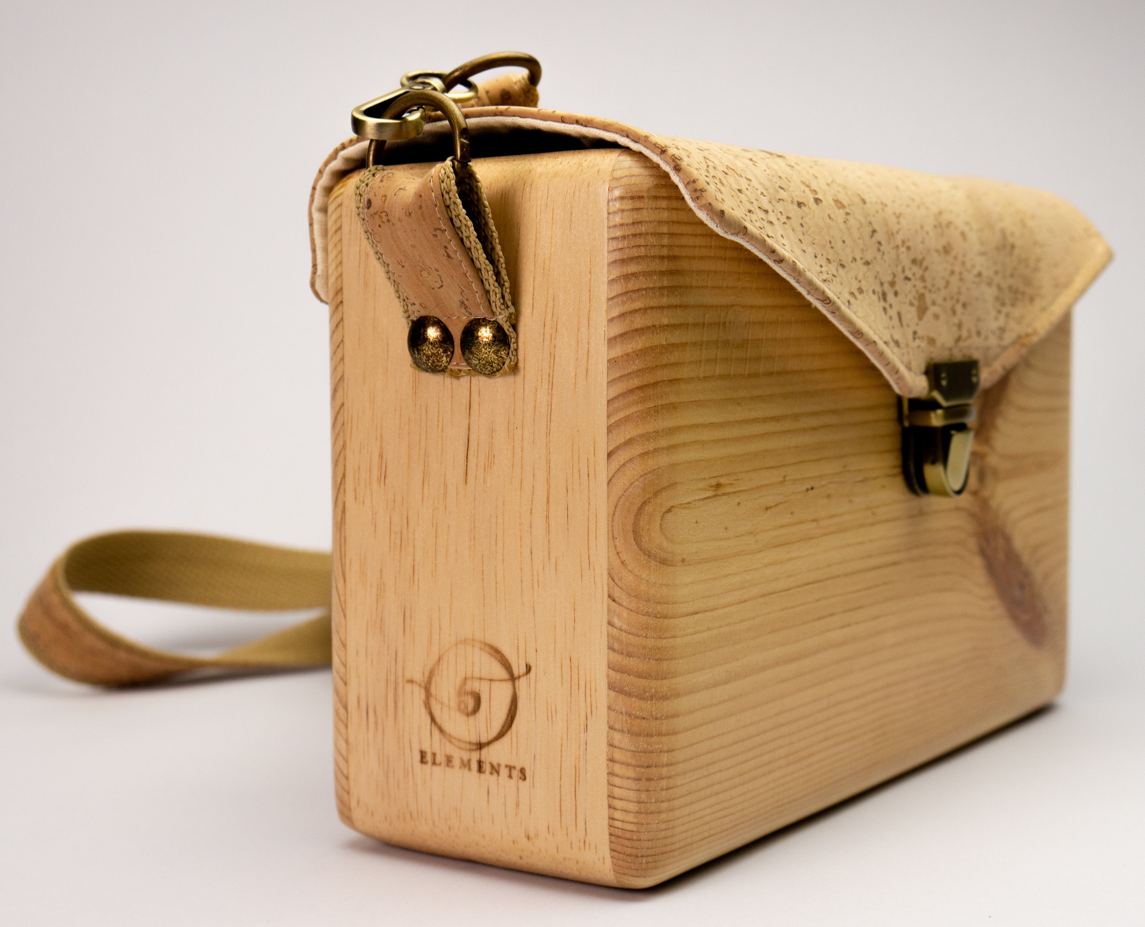 An Eco Friendly wooden handmade crossbody bag with natural cork