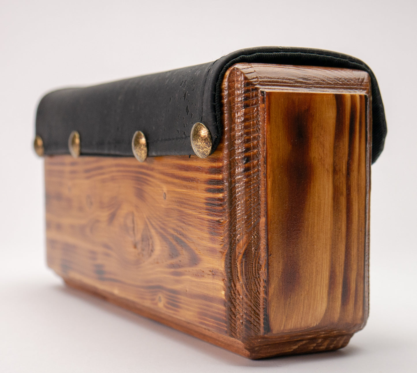 Wooden handmade purse in brown with black cork leather.