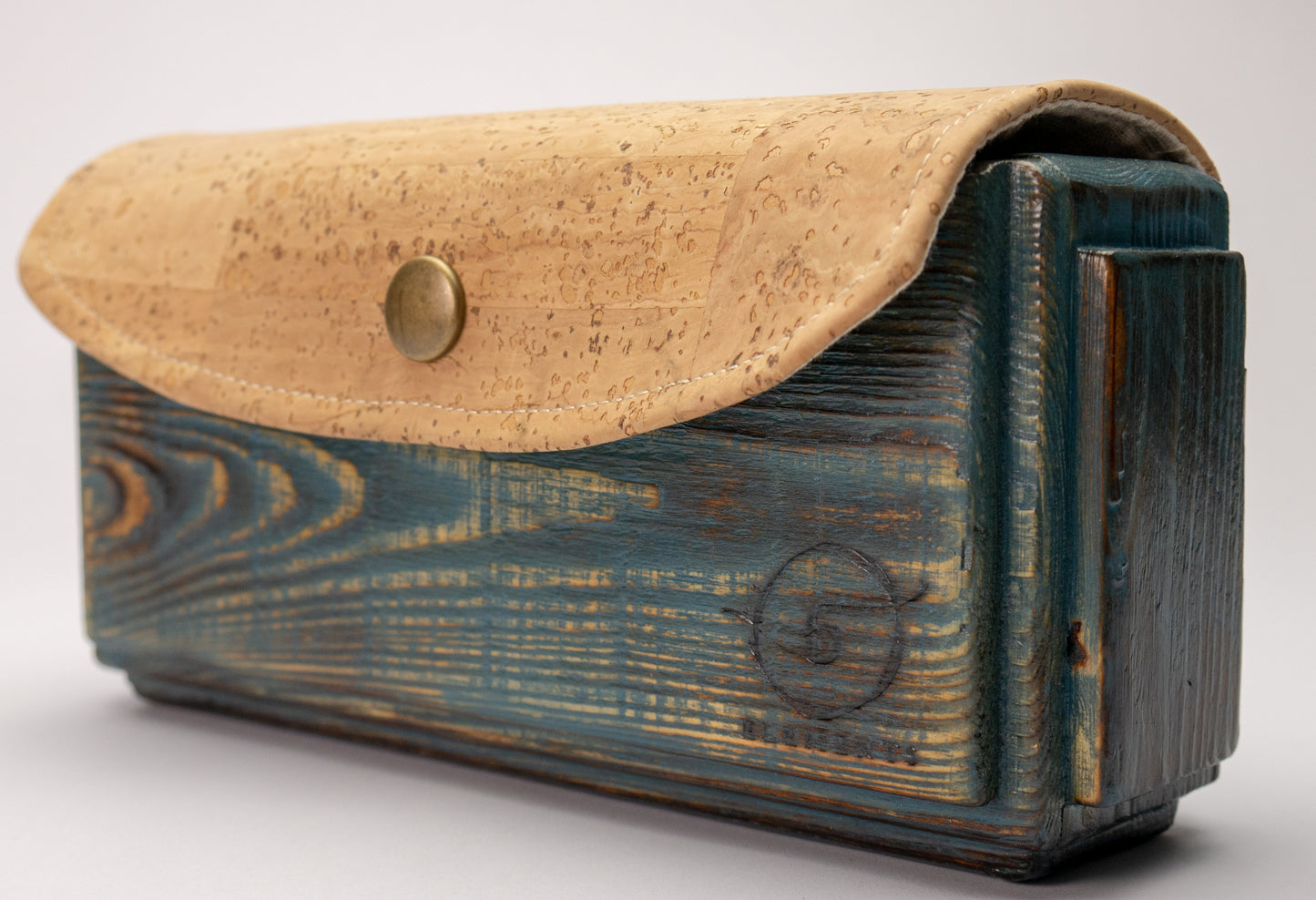 Wooden handmade purse in blue tone with natural cork leather.