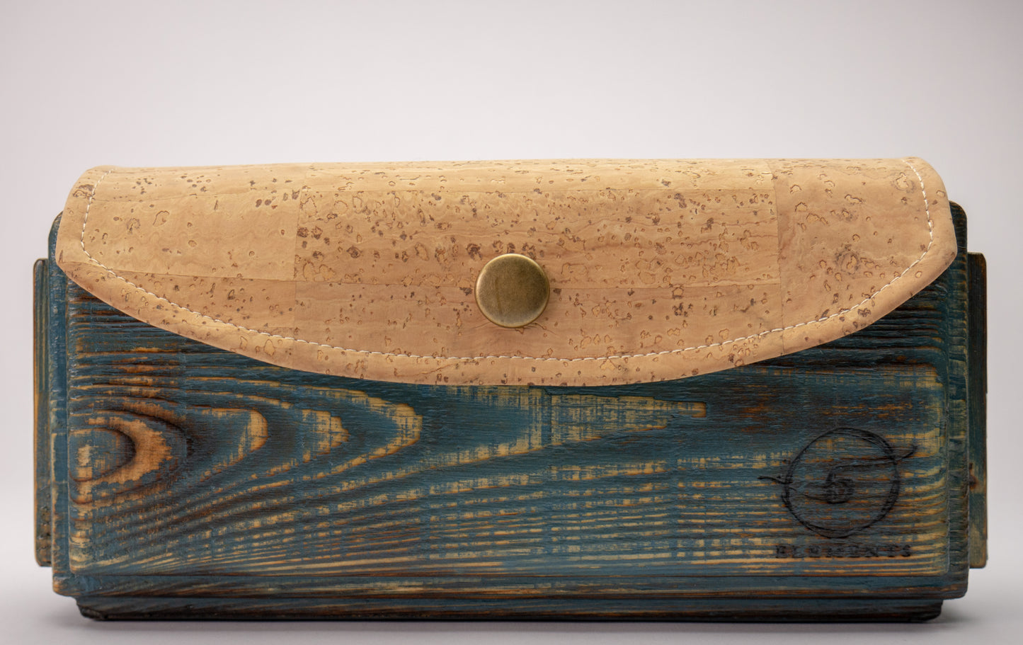 Wooden handmade purse in blue tone with natural cork leather.