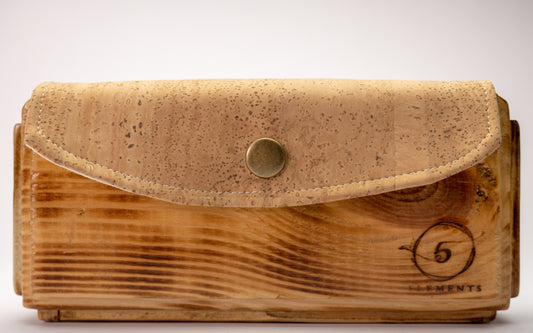 Wooden handmade purse in brown with natural cork leather.