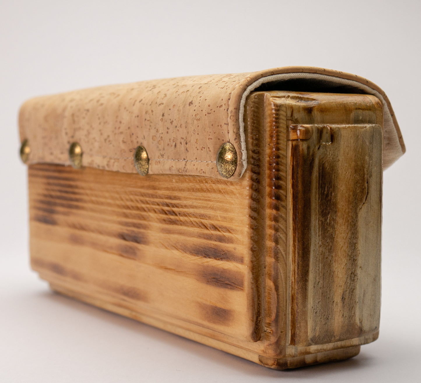 Wooden handmade purse in brown with natural cork leather.