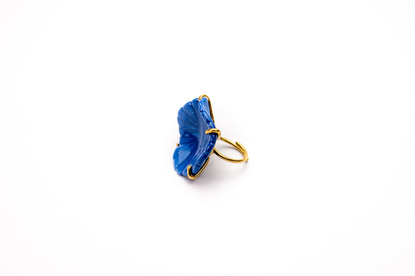 Blue Porcelain Flower Ring. Gold Plated.