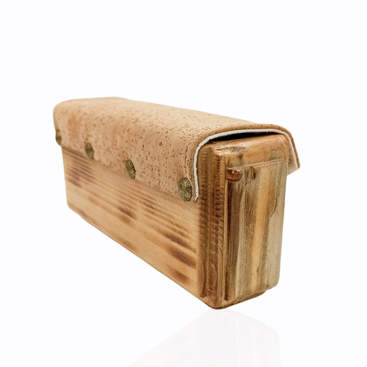 Wooden handmade purse with natural cork leather.