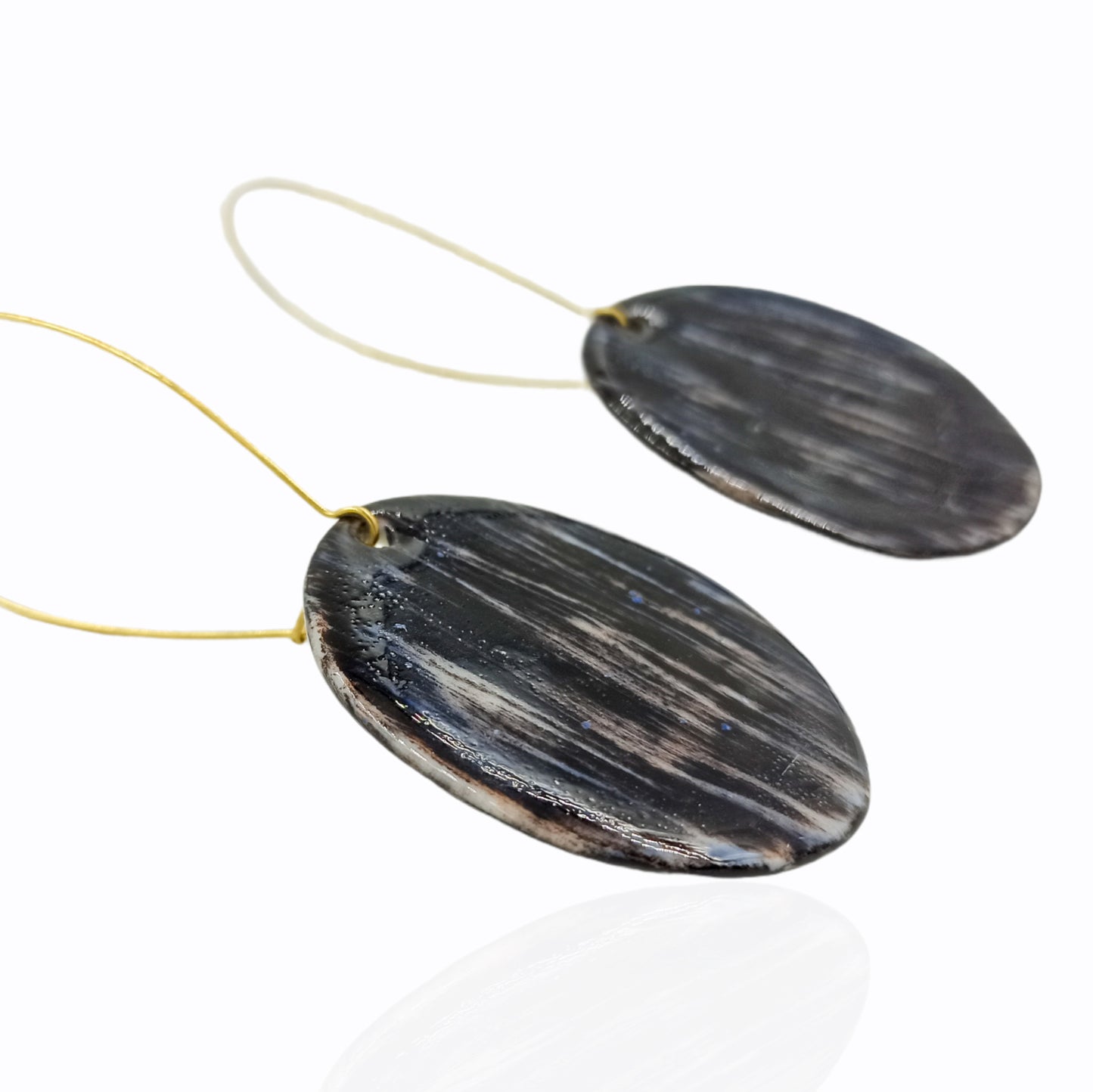 Black oval porcelain long earrings