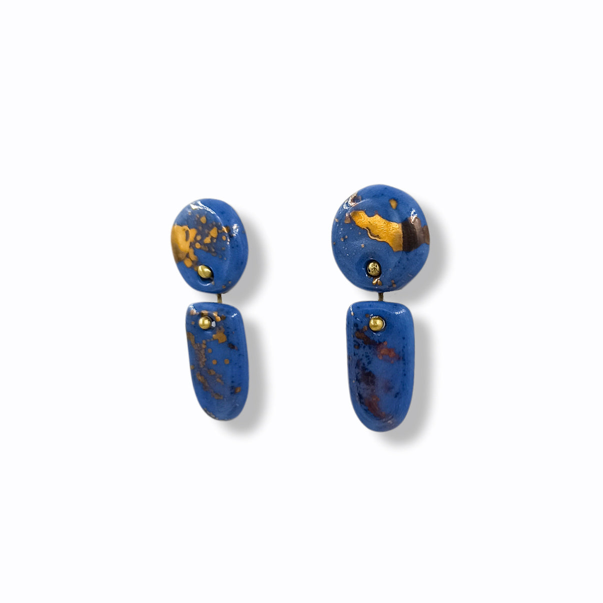 Handmade Stud earrings in Blue Porcelain "Abstract gold"
