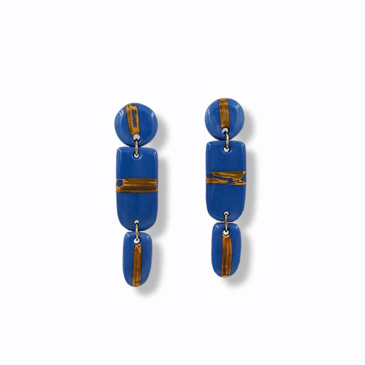 Handmade Long Dangle Earrings in Blue Porcelain "Golden Line"