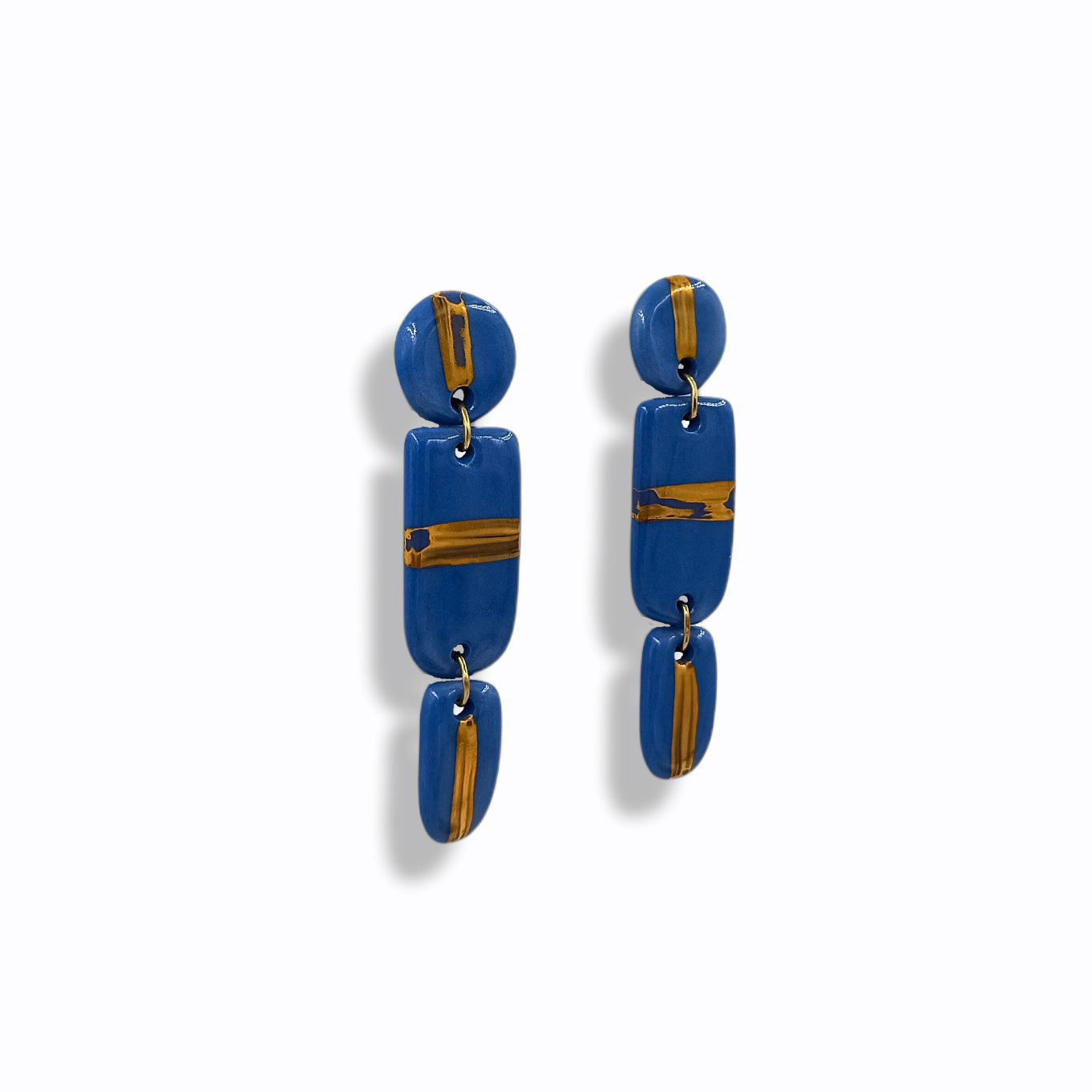 Handmade Long Dangle Earrings in Blue Porcelain "Golden Line"