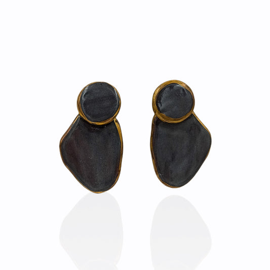 Handmade Statement Stud Earrings from Black Porcelain and Gold Luster.