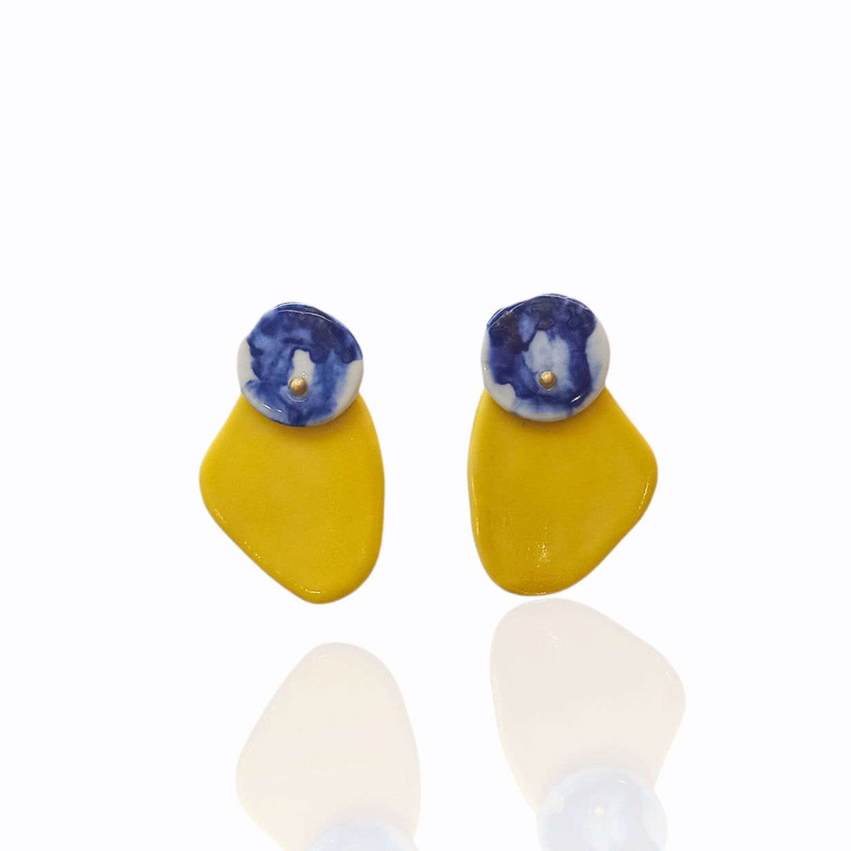 Porcelain stud colorful earrings. Yellow and blue porcelain earrings