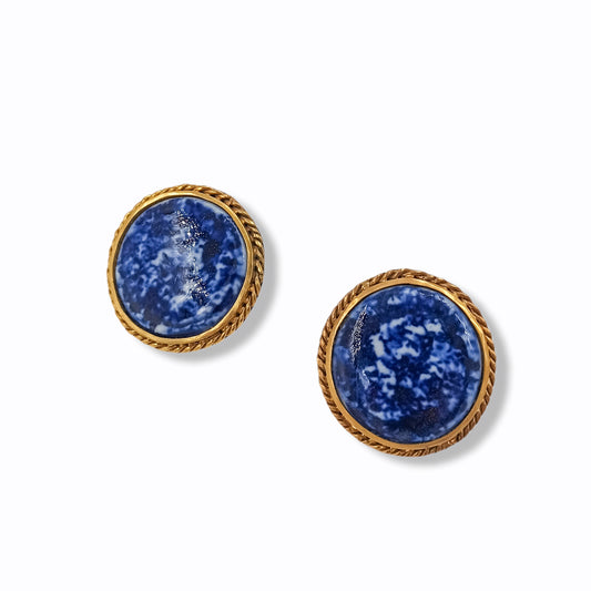 Blue porcelain and gold stud earrings "Braided Crown"