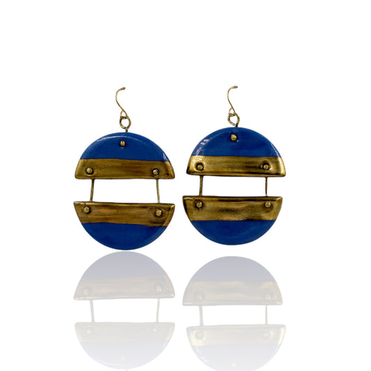 Handmade Drop Dangle Porcelain Earrings in Blue and Gold